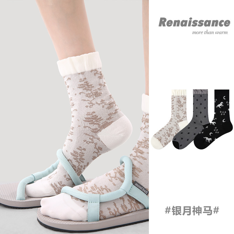 Renaissance Spring and Summer Thin Mesh Breathable New Chinese Style Cartoon Pony Bubble Mid-Calf Women's Socks