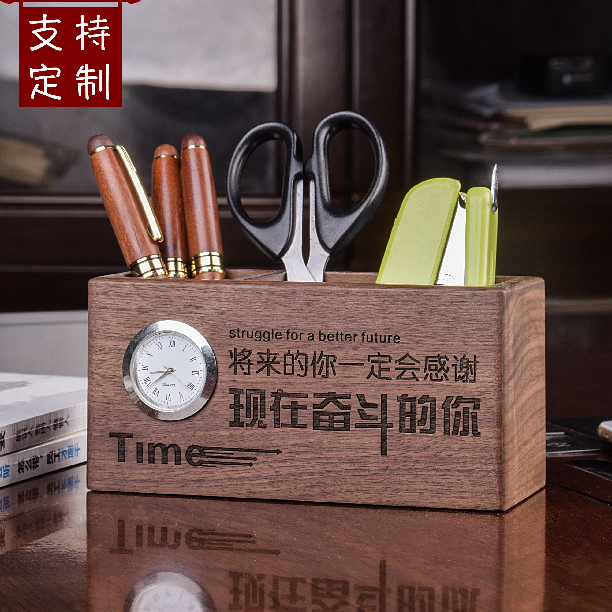 Creative fashion multifunctional solid wood pen holder office desktop vintage pen barrel Chinese style storage box custom logo