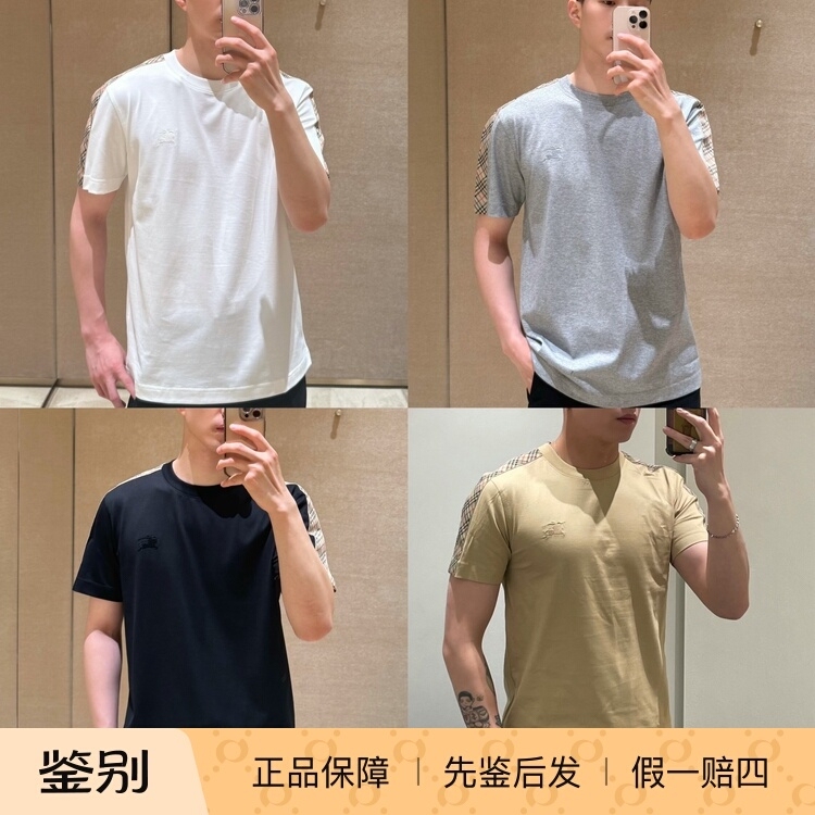 In Stock Burberry/Burberry Men's Short-Sleeved T-Shirt with Burberry Embroidered Horse Logo and Checkered Shoulder Pattern In Stock Burberry/Burberry Men's Short-Sleeved T-Shirt with Burberry Embroidered Horse Logo and Checkered Shoulder Pattern