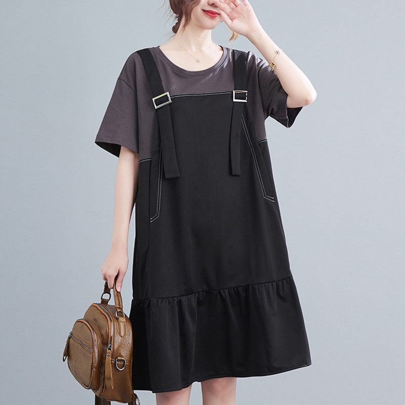 2022 summer new large size women's clothing fat sister mm300 catty slimming belly cover fake two-piece black dress with straps