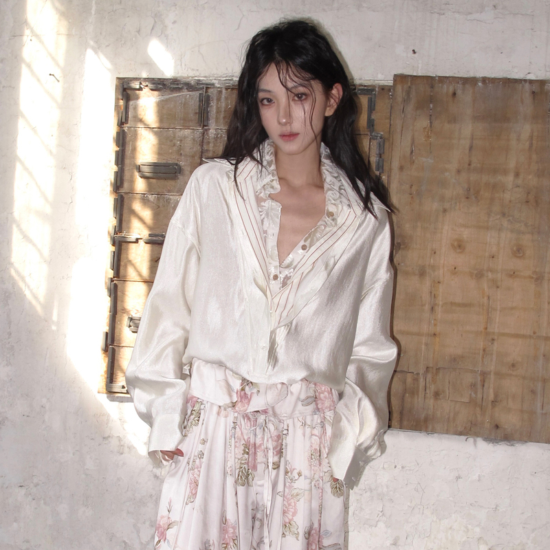 Whynotdance Wanderer Multi-Layered Collar Relaxed Fit Patchwork Lace Striped V-Neck Oversized Shirt