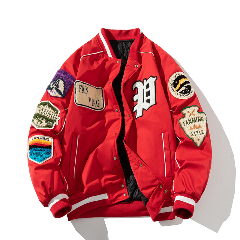 2026 New Style Bright Red Embroidered Baseball Cotton Jacket for Men and Women, Thickened Flight Jacket, Cotton-Padded Coat, Motorcycle Jacket