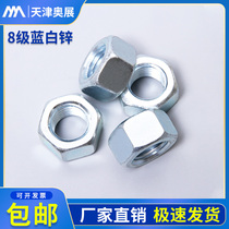 Spot 8 blue and white zinc hexagon nut galvanized iron nut high strength carbon steel screw cap M2M6M8M12M36