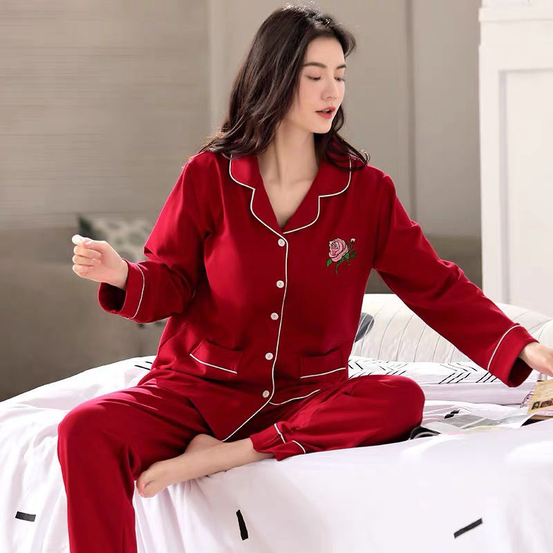Woodpecker Pajamas for Women, Spring and Autumn Style, Pure Cotton, Long-Sleeved, Red, New Year, Newlywed, Zodiac Year, Women's Loungewear Set