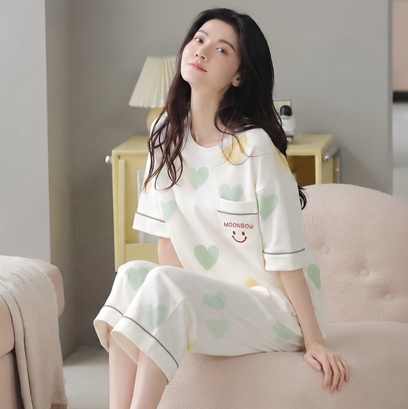 Woodpecker Pajamas for Women, Summer Pure Cotton Short-Sleeved Cropped Pants That Can Be Worn Outside, Sweet and Casual, All-Cotton Women's Loungewear
