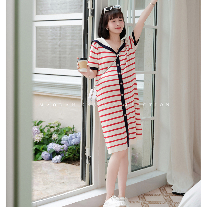 Cat Single【Ice Summer Red Lychee】Nana's Maternity Wear Ice Silk Dress for Pregnant Women, Stylish Mom Navy Collar Summer Dress