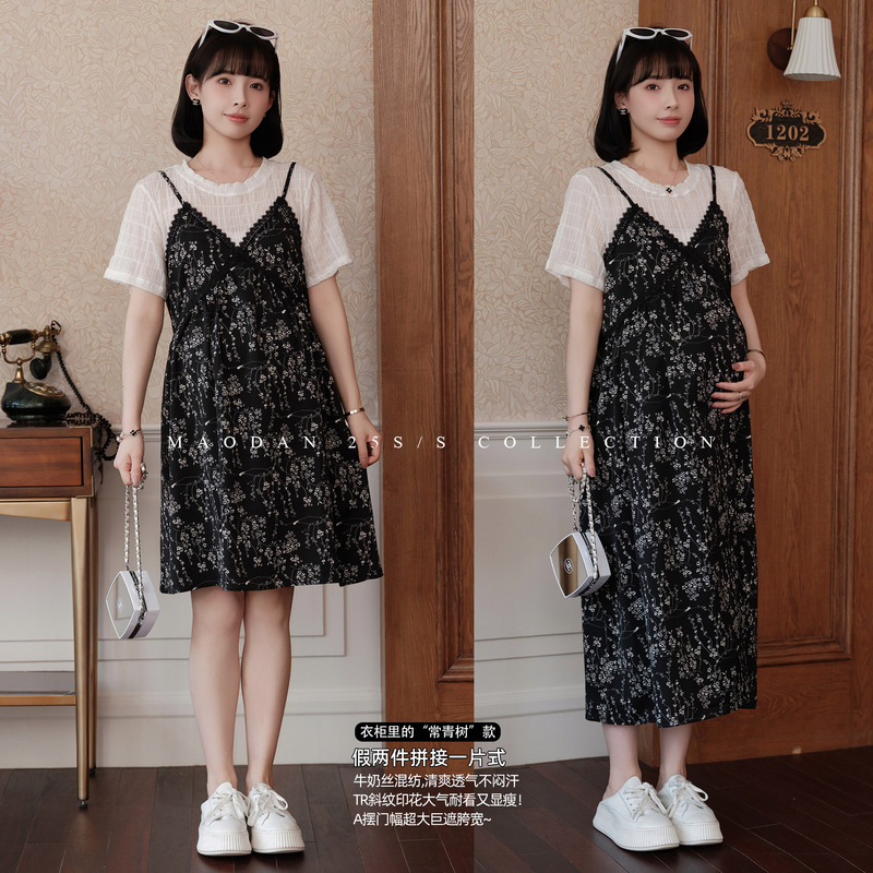 Cat-Themed [Fujin Black Flower] Nana's Maternity Dress for Summer, Two-Piece Style with a Round Neck and Minimalist Design