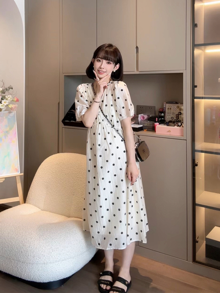 Cat Single【Tees River Romance】Nana's Maternity Wear: Stylish Polka Dot Long Dress for Summer — 4