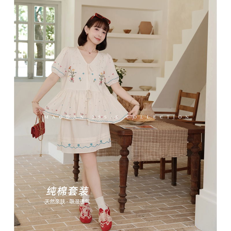 Cat-Themed [Dream Weaver Girl] Nana's Maternity Outfit, Summer Korean-Style Short-Sleeved Sweet Skirt-Pants Set