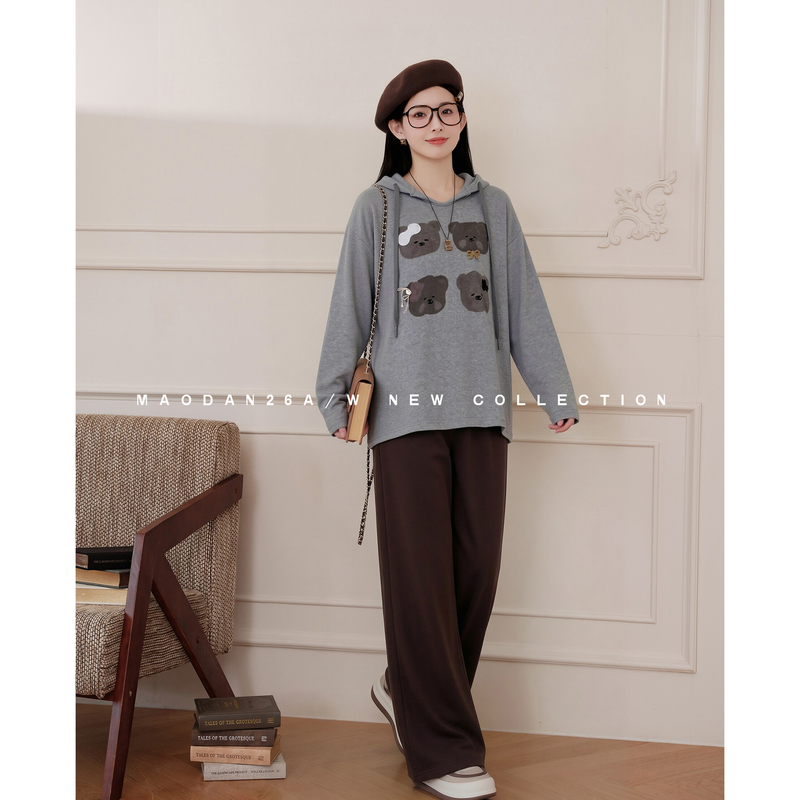 Cat-Themed [Mocha Bear] [Cotton] Maternity Wear Autumn New Arrival Korean Style Casual Slimming Top and Pants Set