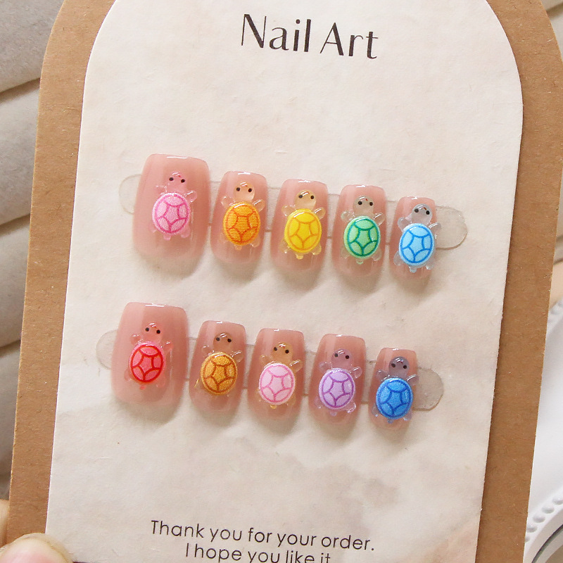 Handmade Nail Tips Cartoon Crystal Internet Celebrity Rainbow Color Turtle Detachable Nail Tips Short Cute Nail Tips