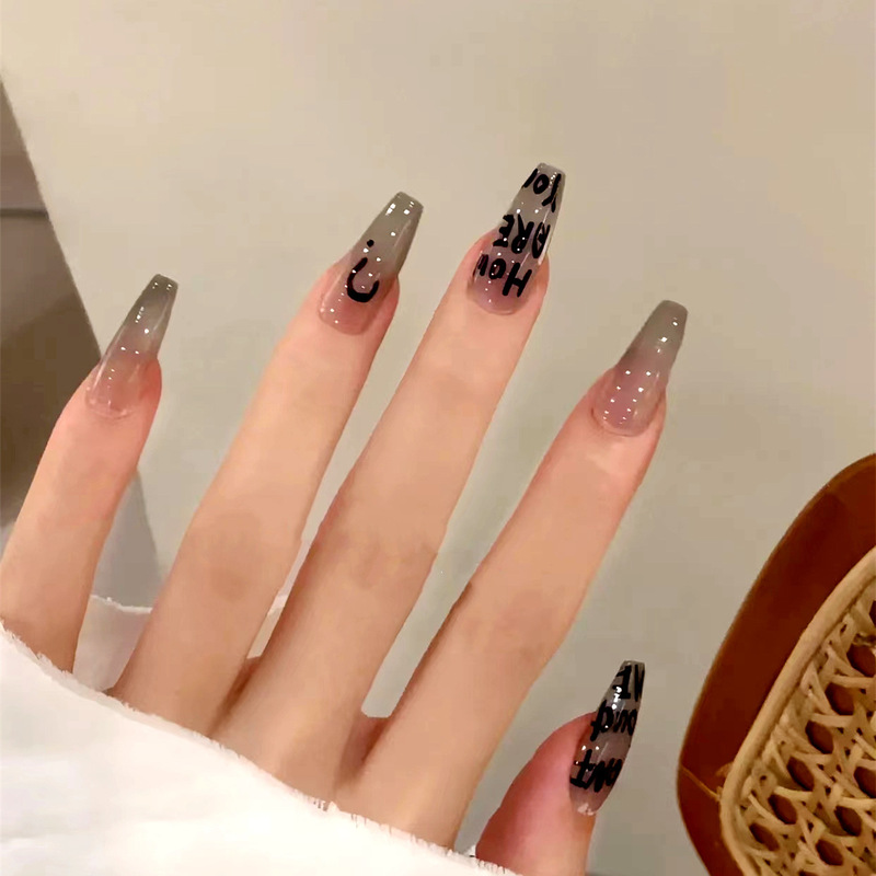 Cool European and American Style Wearable Nail Art Finished Product, Removable Long T-Shaped Nail Tips, Letter Dark Style Fake Nail Patches