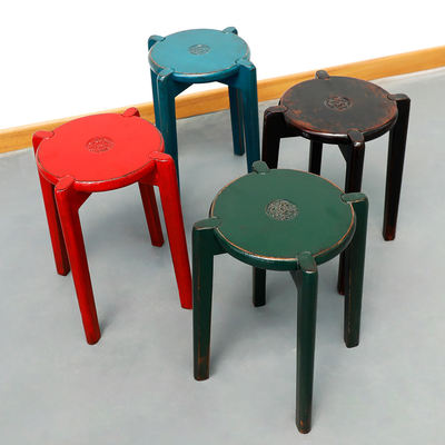 Solid wood round stools can be stacked, modern Chinese simple dining table stools, multi-functional shoe-changing household elm wood carved makeup stools