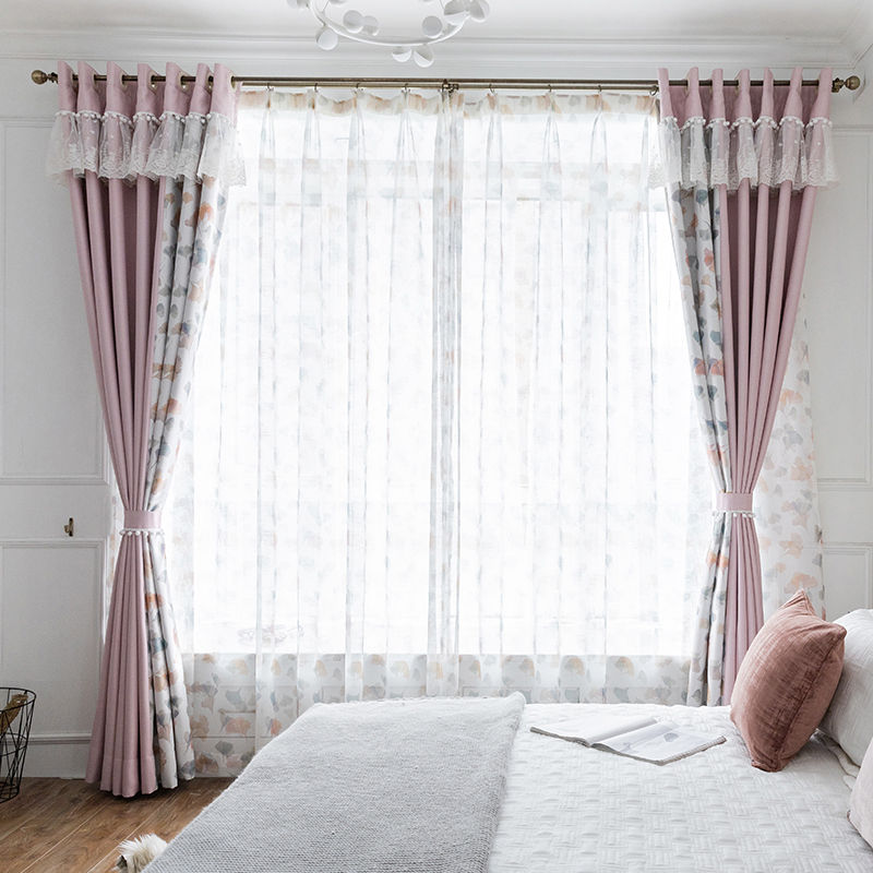 Nordic style pink curtain girl princess powder shading stitching ab version fabric cotton linen gray powder dirty powder lace curtain head
