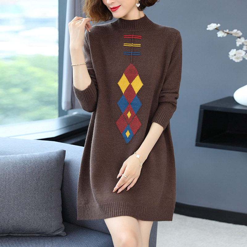 Large size women's clothing Fat mm Winter dress Semi-high collar wool spanded sweatshirt Enlarged Belly-up Autumn Winter Sweater Dress