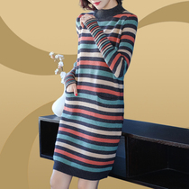 Fat mm Korean version of the long loose large size knitted base shirt womens autumn and winter with a semi-high collar Foreign style fat mm top