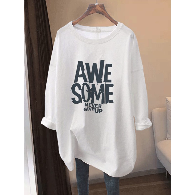 Korean 2026 Cotton Long-Sleeve T-Shirt for Women, Mid-Length, Loose Fit, Plus Size, White Top for Spring, Autumn, and Winter