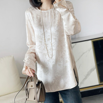 Elegant New Chinese Style Bamboo Leaf Acetate Jacquard Chinese Style Top Womens Cuffs Button Round Neck Loose Shirt