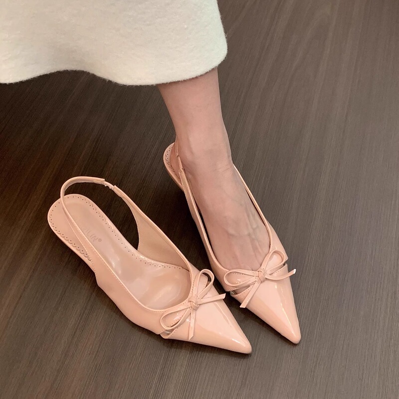 Pink Patent Leather Pointed-Toe Bow Sandals for Women 2025 Spring and Autumn New French Style Shallow Backless High-Heeled Shoes for Women Pink Patent Leather Pointed-Toe Bow Sandals for Women 2025 Spring and Autumn New French Style Shallow Backless High-Heeled Shoes for Women