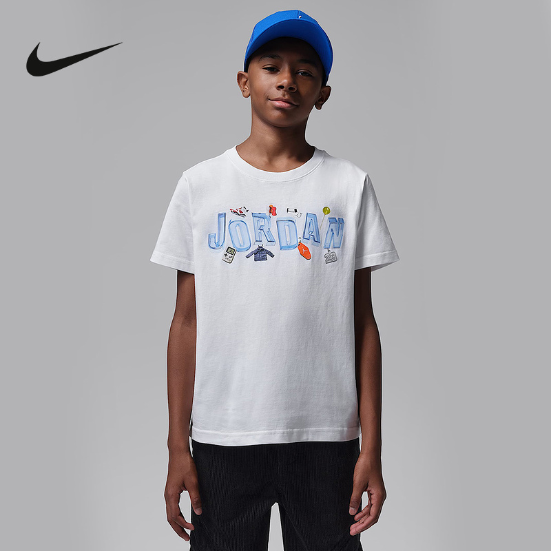 Nike Jordan Summer Boys' T-Shirt 90S Keychain Style Short-Sleeved Knit Shirt Iw1404-100 Nike Jordan Summer Boys' T-Shirt 90S Keychain Style Short-Sleeved Knit Shirt Iw1404-100
