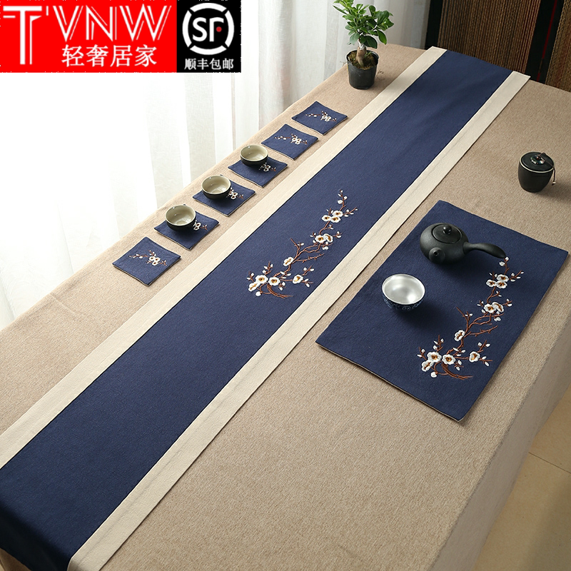 Table Flag cotton Chinese embroidery tea seat meditation long strip of simple tea tablesTwo color tea pad tea curtain linen