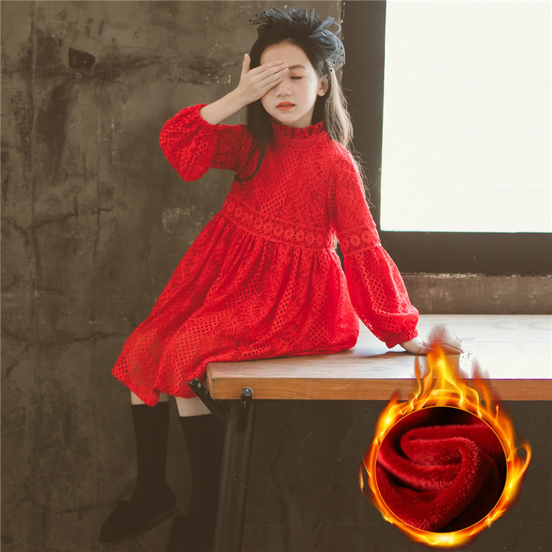 UK NEXT Love girl 2020 autumn winter new lace long sleeve plus suede thickened foreign princess even body dress