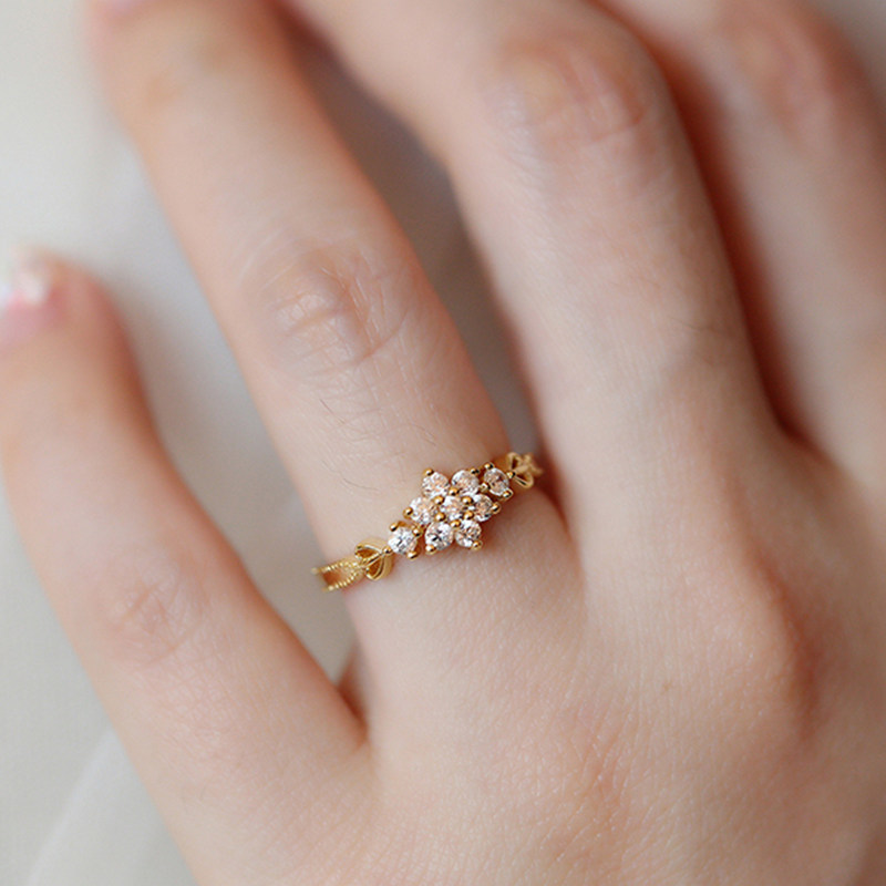 Silver Benist 925 pure silver plated 14K gold inlaid artificial zircon ring woman superior snow flower ring Japanese light jewels