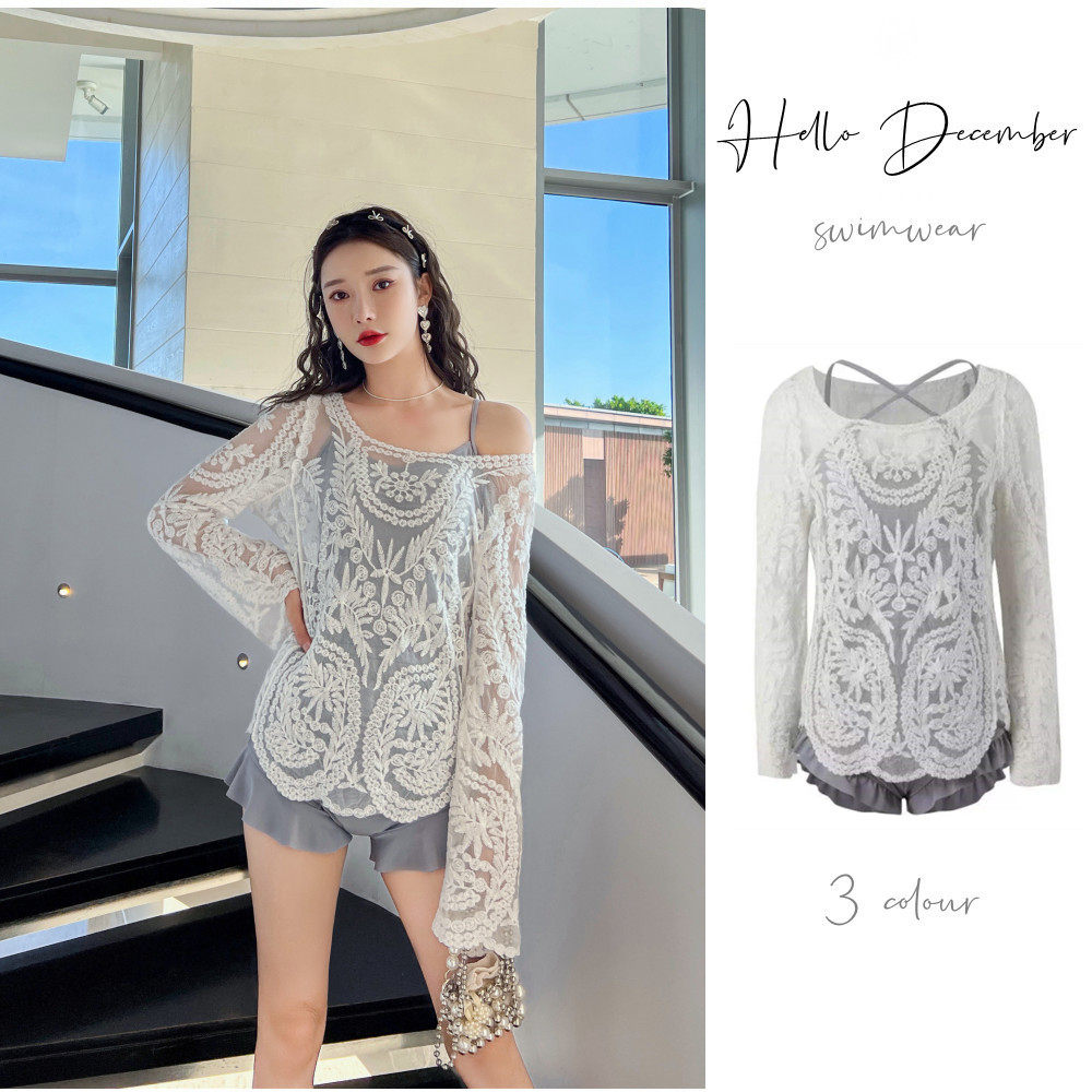 2022 new one-piece hot spring swimsuit conservative two-piece long-sleeved lace cover sexy loose Korean swimsuit