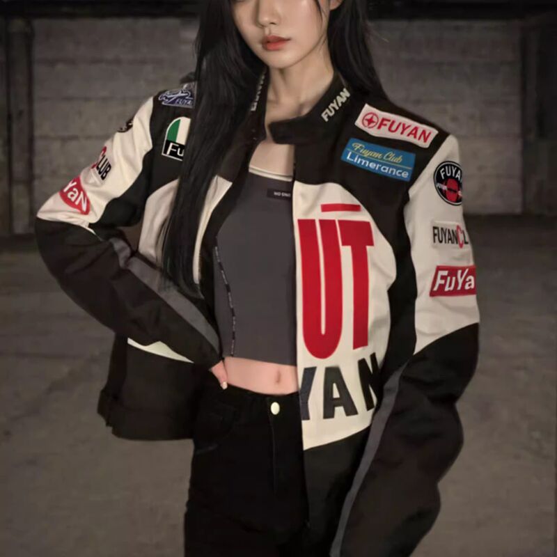 American-Style Racing Motorcycle Jacket for Women, National Trend ins Retro Salt-Style Street Jacket, Baseball Jacket Top, Trendy