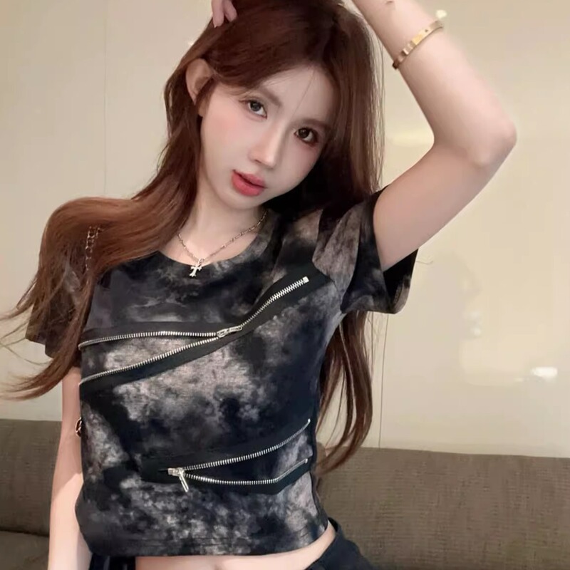 American-Style Tie-Dye Design Zipper Short-Sleeve T-Shirt Top, Summer Retro Sweet Spicy Girl Gradient Short T-Shirt