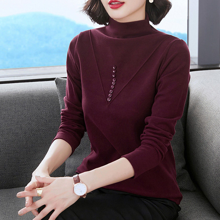 Bottom shirt women's spring and autumn de velvet heating warm top with thickened long-sleeved half-high collar middle-aged mother's t-shirt