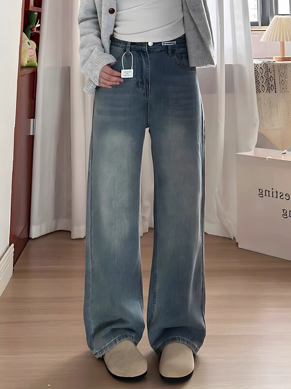Island Chuanchuan Retro Blue Wide-Leg Jeans New High-Waisted Loose Plus-Size Slimming Pear-Shaped Body Straight-Leg Pants
