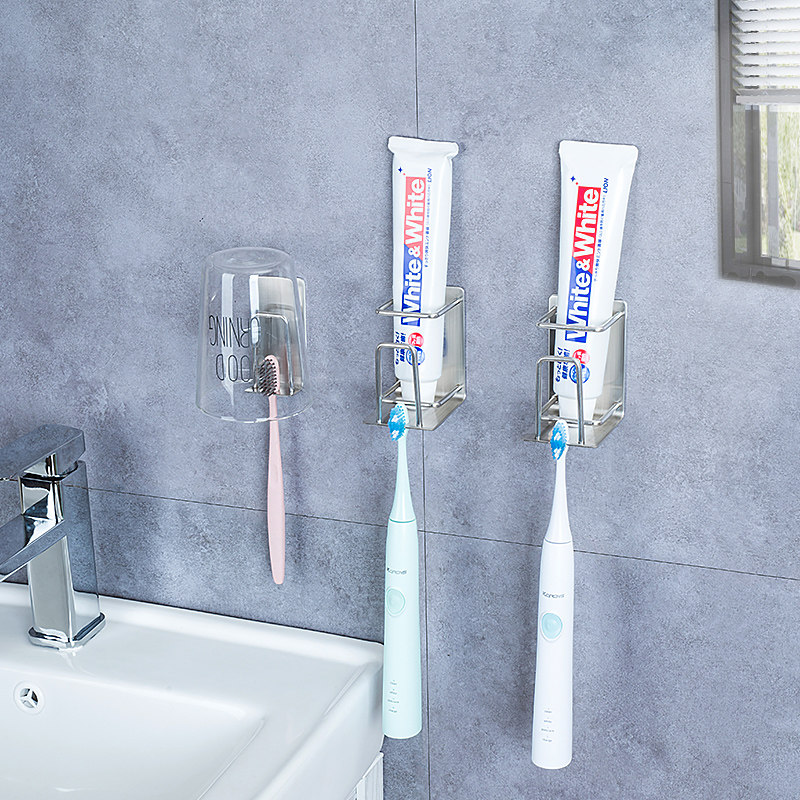Powder room Stainless steel non-perforated wall-mounted toothbrush holder mouthwash cup holder Hanging suction wall electric toothpaste shelf