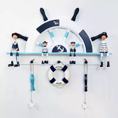 Mediterranean wooden rudder adhesive hook decoration creative semi-helmsman coat hook dining room clothing store living room wall pendant