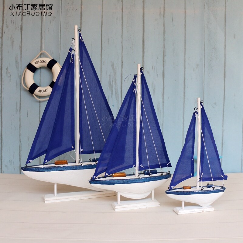 Mediterranean Sailing Model Pendulum Solid Wood Making Old Craft Boat Blue White Cloth Art Boat Home Adornment