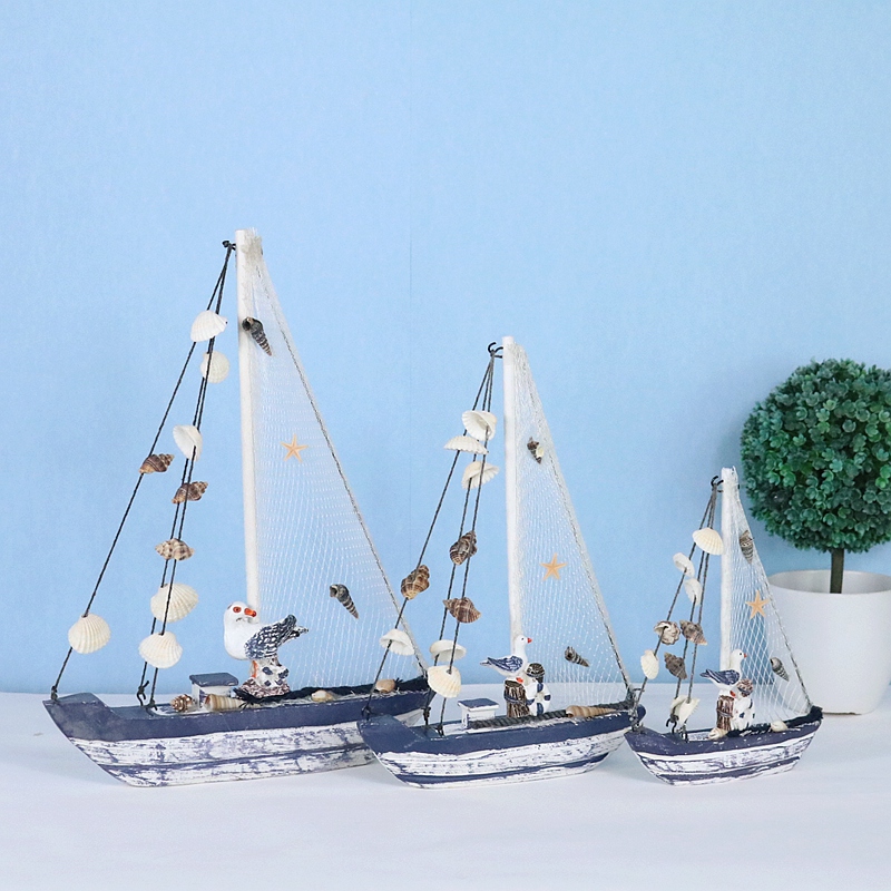 Mediterranean Style Made Old Sailing Boat Home Accessories Craft Boat Shell Sailing Boat Model Desktop Dining Room Decoration Gift