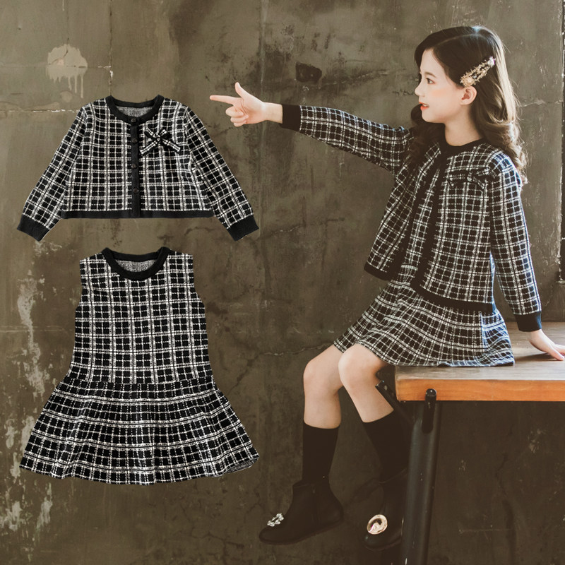 Girl's spring autumn suit dress 2022 new CUHK Scout red foreign pie trendy summer dress girl sweater dress Two sets