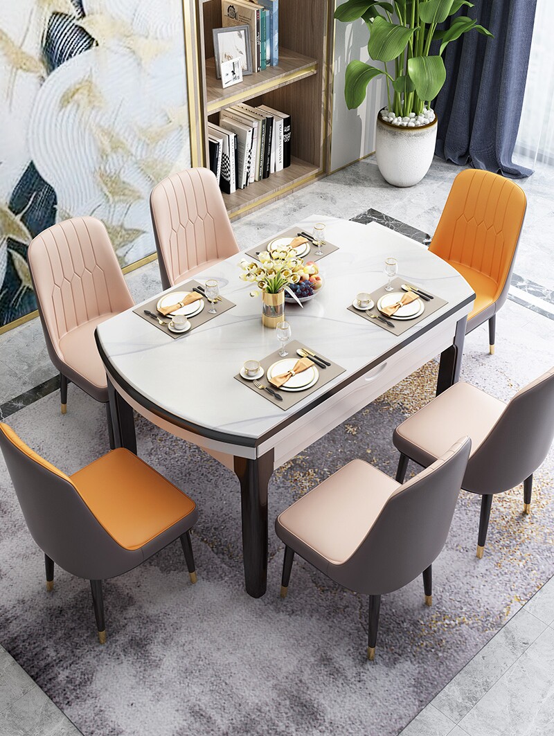 Dining table Household small household Marble foldable 8-person rectangular round dining table combination Modern wood telescopic