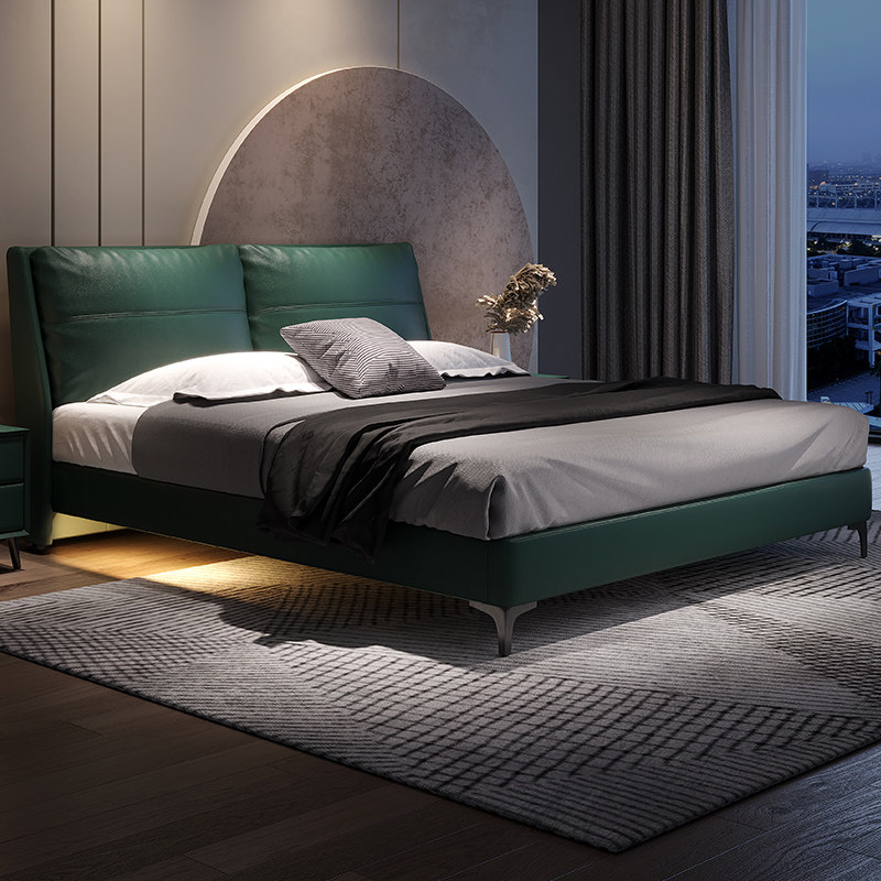 Italian minimalist bed, light luxury, modern leather bed, leather bed, wind bed, simple Nordic double bed, 18 meters, wedding bed, master bedroom