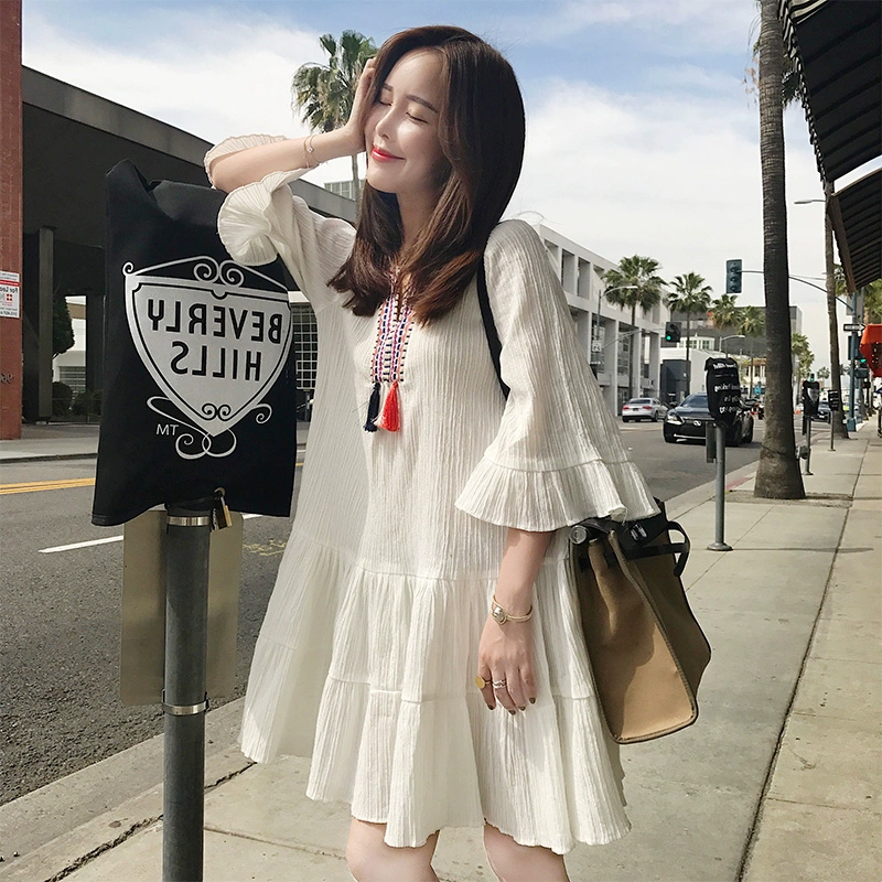 Váy cotton và lanh, mùa hè, nhỏ, tươi, phiên bản Hàn Quốc, rộng, mỏng, có kích thước cộng thêm, cổ điển, mùa xuân năm 2020, quần áo phụ nữ phong cách dân tộc mới - váy đầm