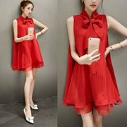 2017 mùa hè mới thủy triều của phụ nữ red organza dress voan lỏng không tay cúi một từ váy