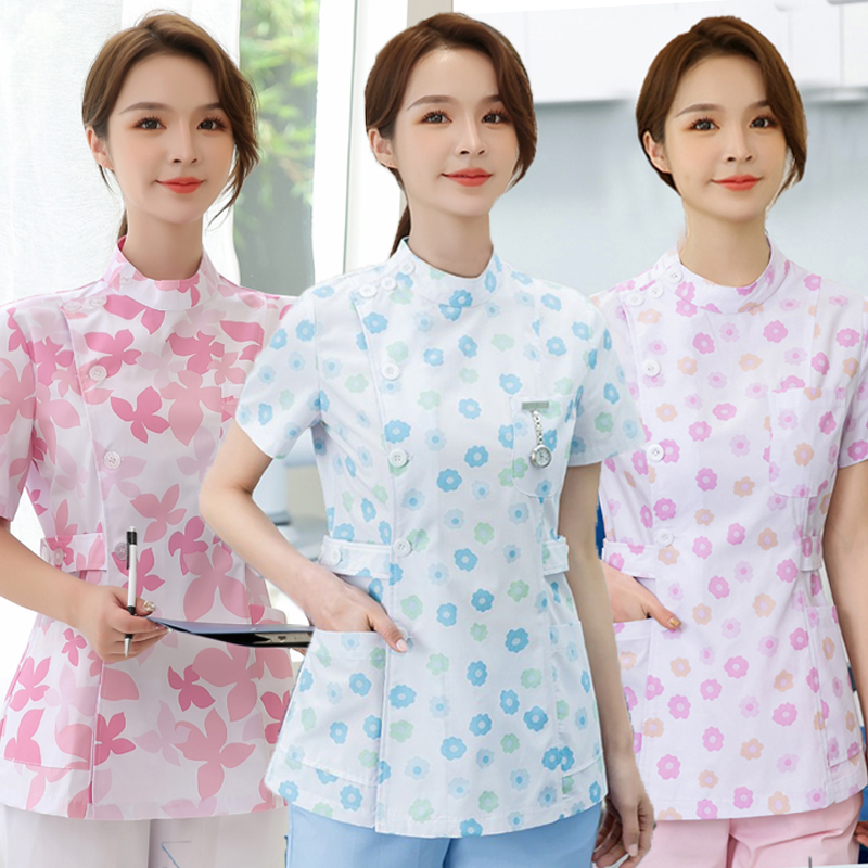 Nurse dress short sleeve two piece suit summer thin moon sister-in-law-clothed floral dental oral work clothes large size long sleeves