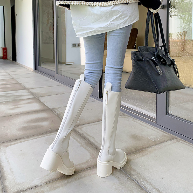 New spring and autumn white boots high-heeled leather knight boots women's tall thick-heeled chimney boots thick-soled slim boots