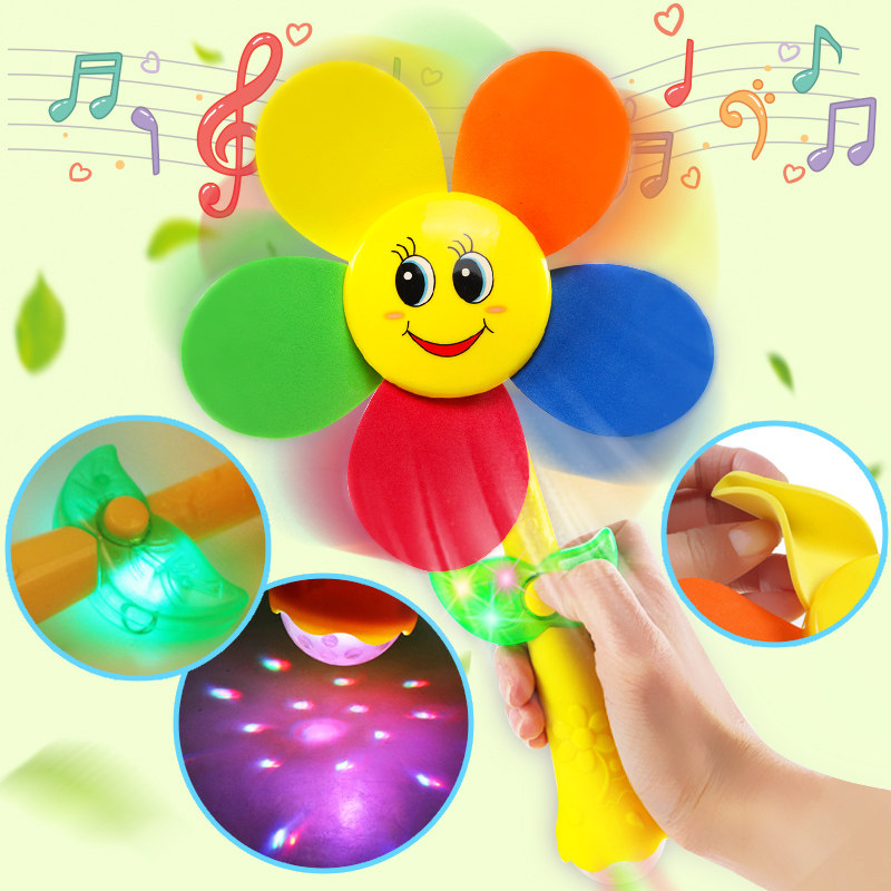 Children's electric fan sunflower windmill flash windmill with lights projection toddler toys plastic rotating colorful