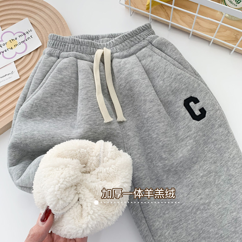 Girl Glint Thickened Pants Winter Children Baby Warm Integrated Lamb Suede Pants Boys Sports Casual Pants-Taobao