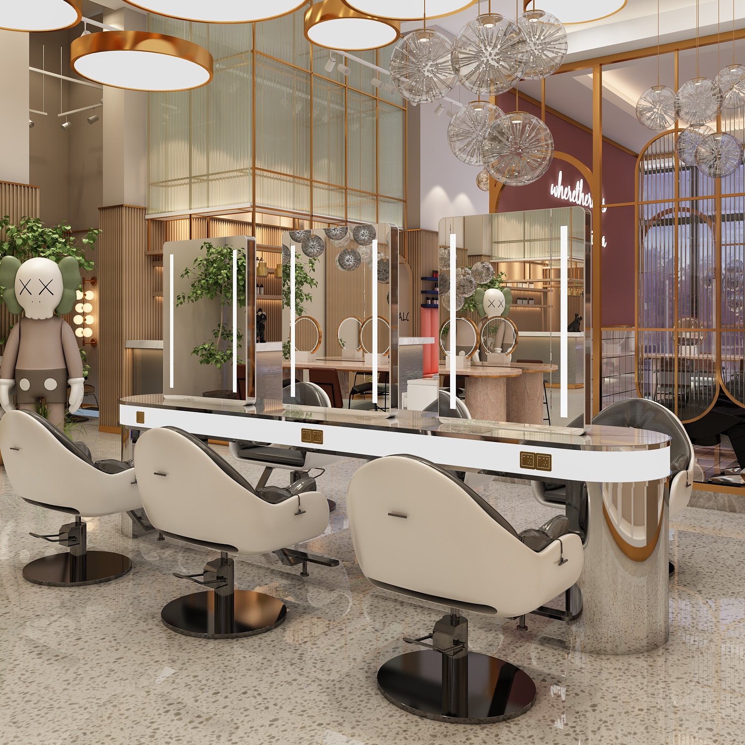 Stainless Steel Marble Hot Dyeing Table Tennis Red Mirror Table Beauty Hair Shop Mirror Hairdressework Cabinet Integrated Hair Salon Special Tide