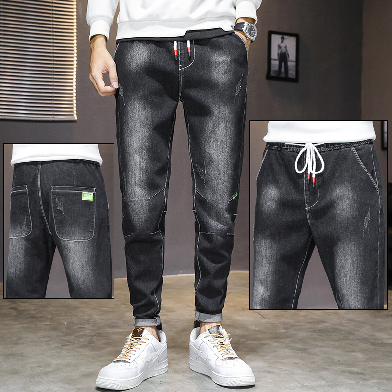 Men's Jeans Men's Drawstring Casual 2022 New Summer Slim Fit Feet Straight Elastic Waist Long Pants Men