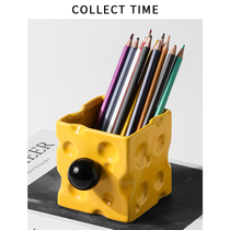 Cute cheese pen holder desktop office ceramic high-end makeup brush bucket comb eyebrow pencil holder creative storage box