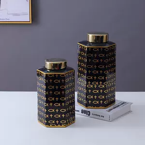 Хит продаж, керамическая шестиугольная бутылка, черно-белая решетка, керамическая банка, копилка, современная простая керамическая ваза, прихожая, домашний офис