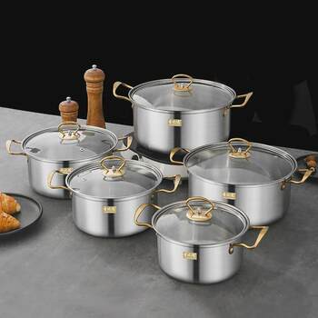 Cross-border southeast asian stainless steel thickened soup pot 10-piece set household double-ear cooking pot cooking pot set pot